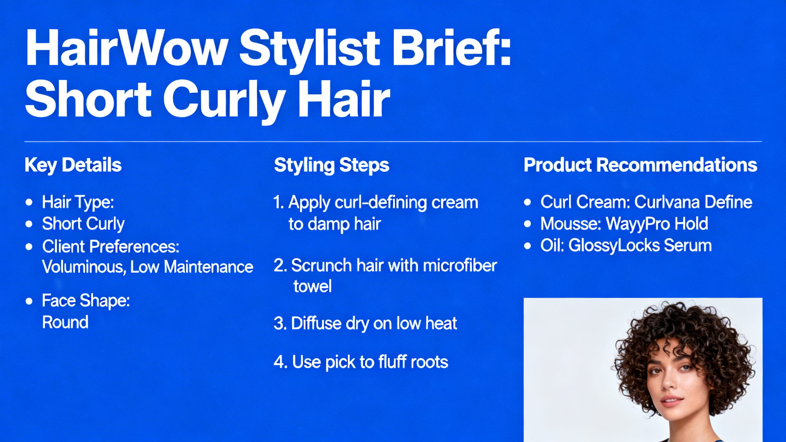 example screenshot of a HairWow Stylist Brief for short curly hair