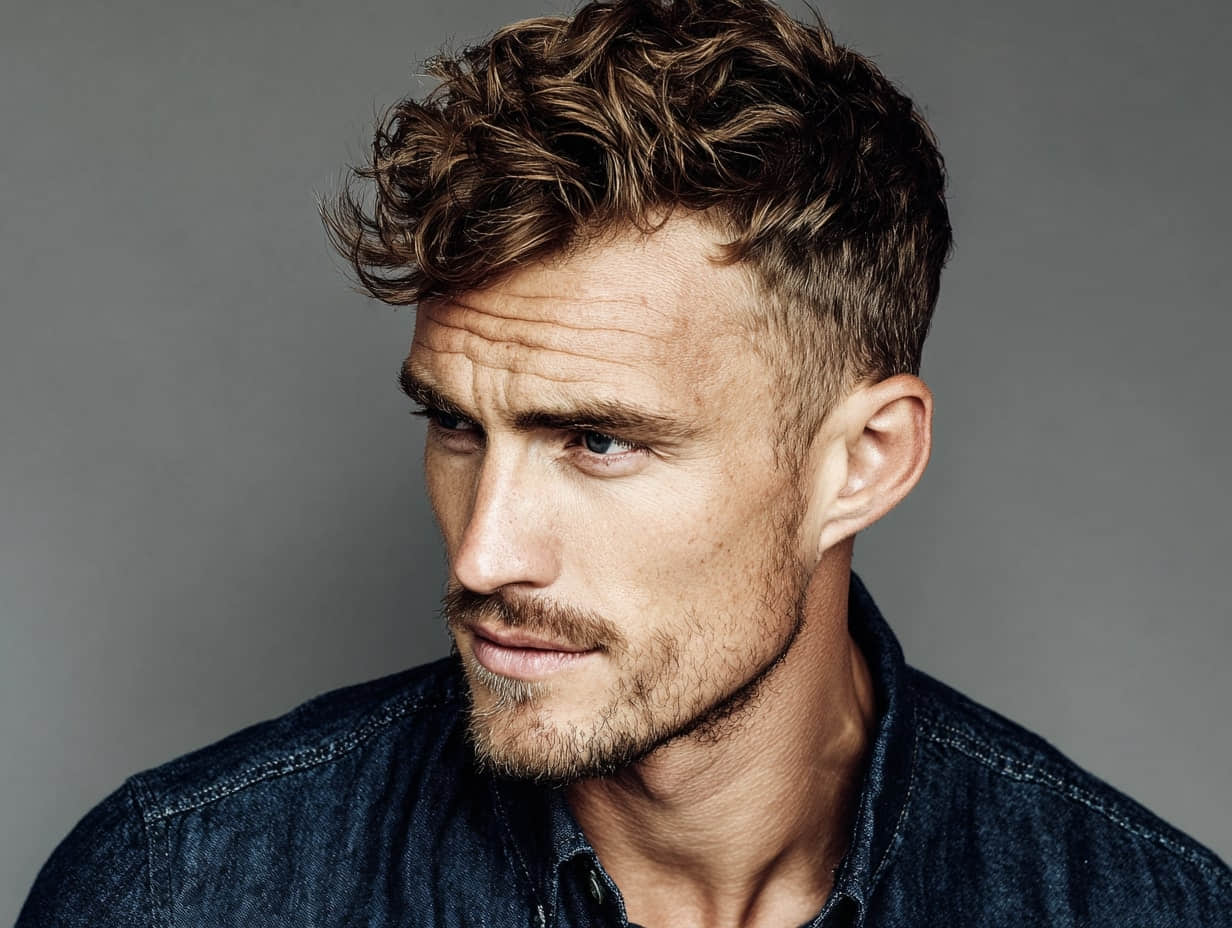 a man with a short wavy quiff, tapered sides, matte finish