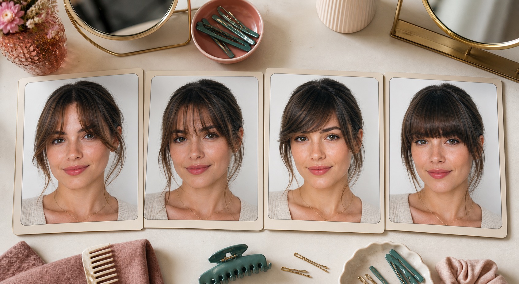 Four bang styles compared before choosing a haircut