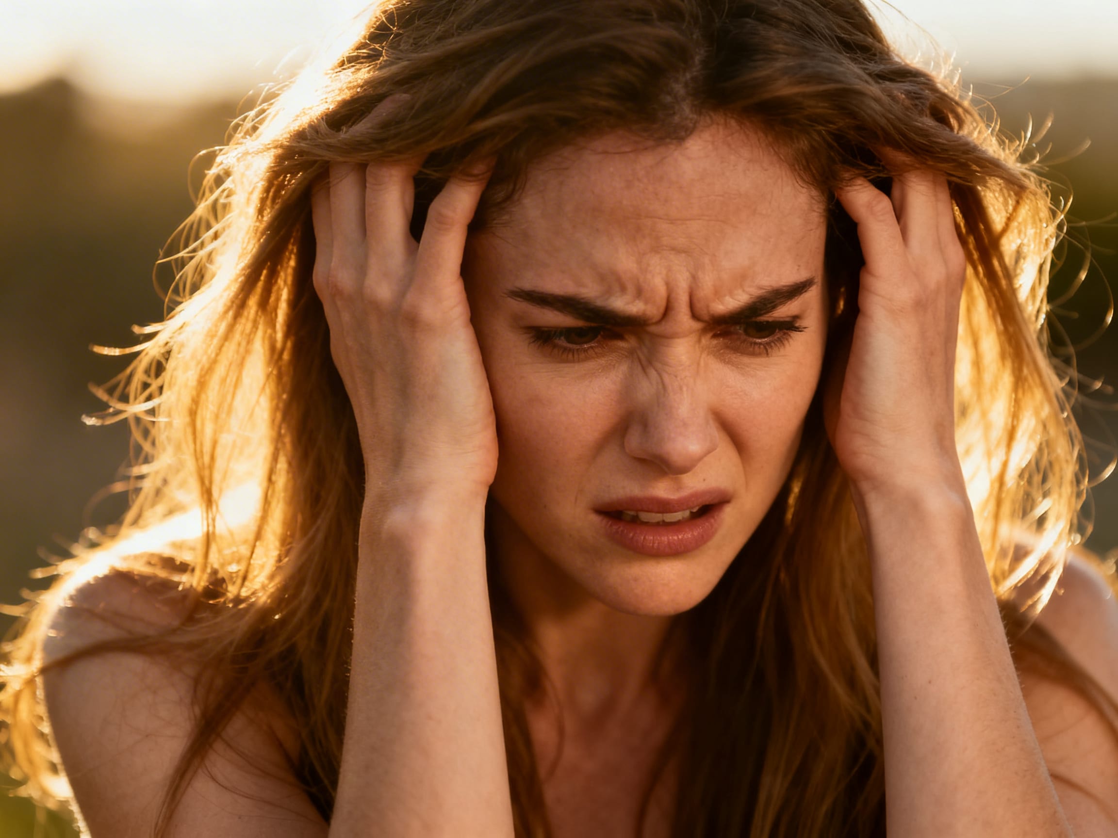 woman looking frustrated with her long hair