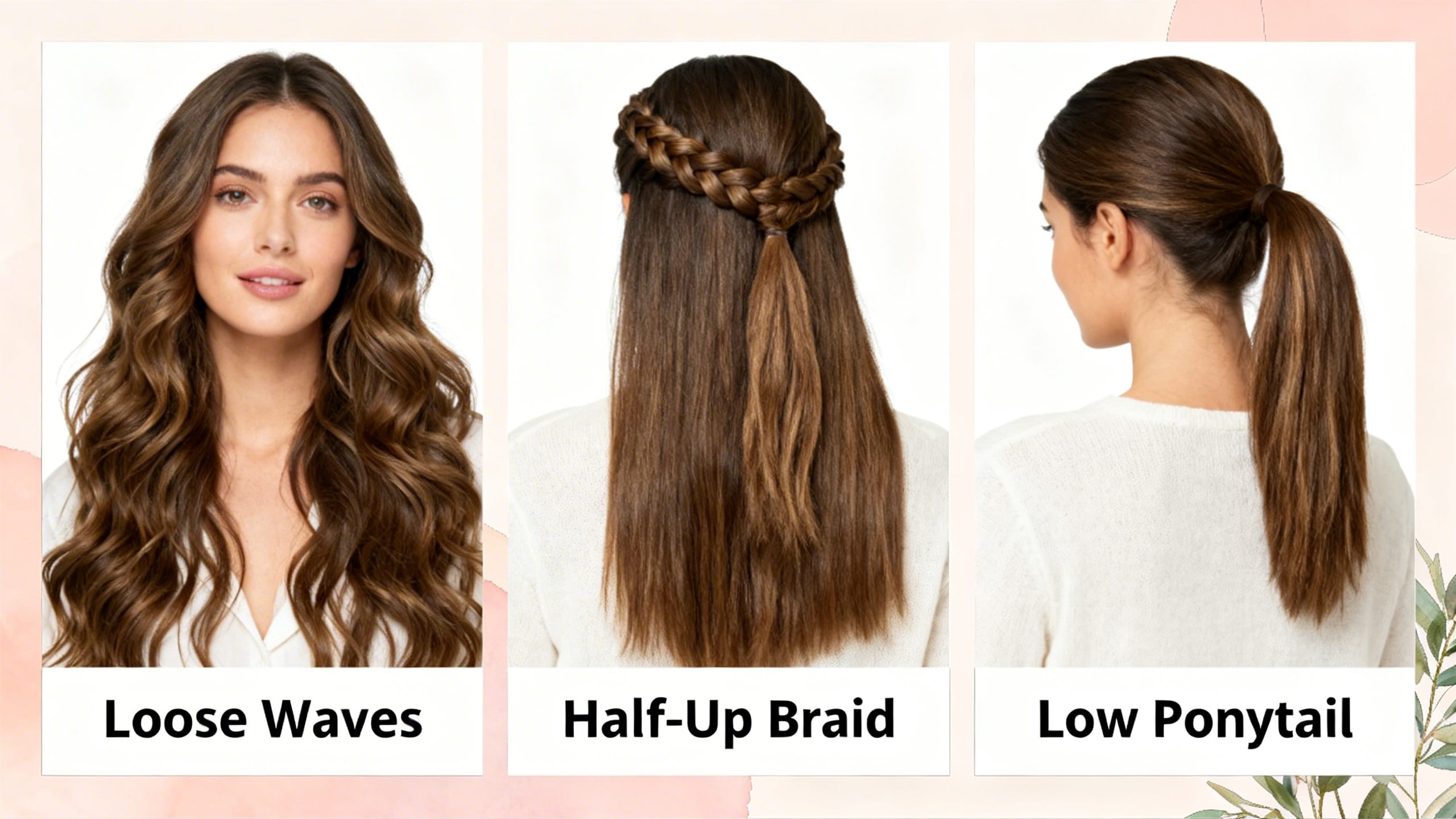 collage of three easy long hairstyles