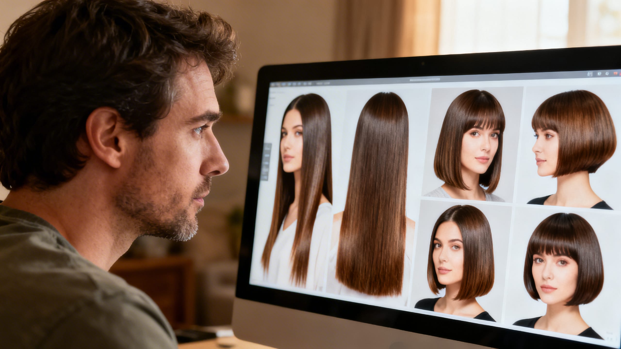 man looking at different straight hairstyles on a screen