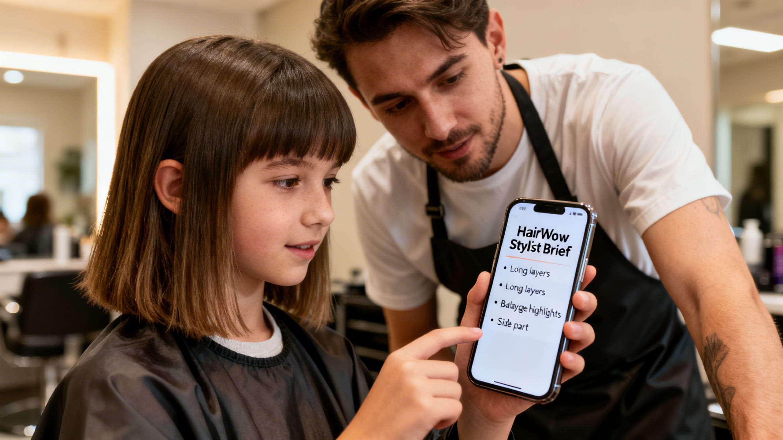 a teen showing a stylist a detailed HairWow stylist brief on a phone