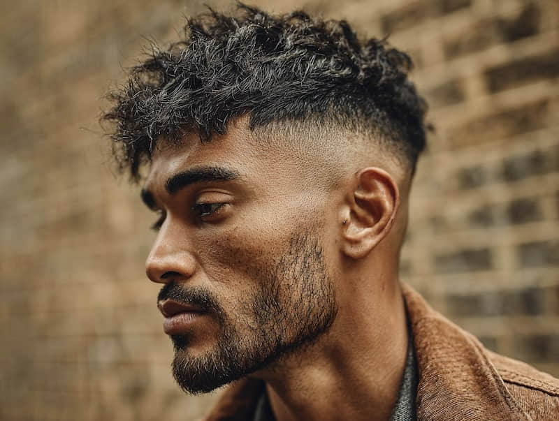 a man with a textured crop and low taper, short wavy hair, natural matte finish