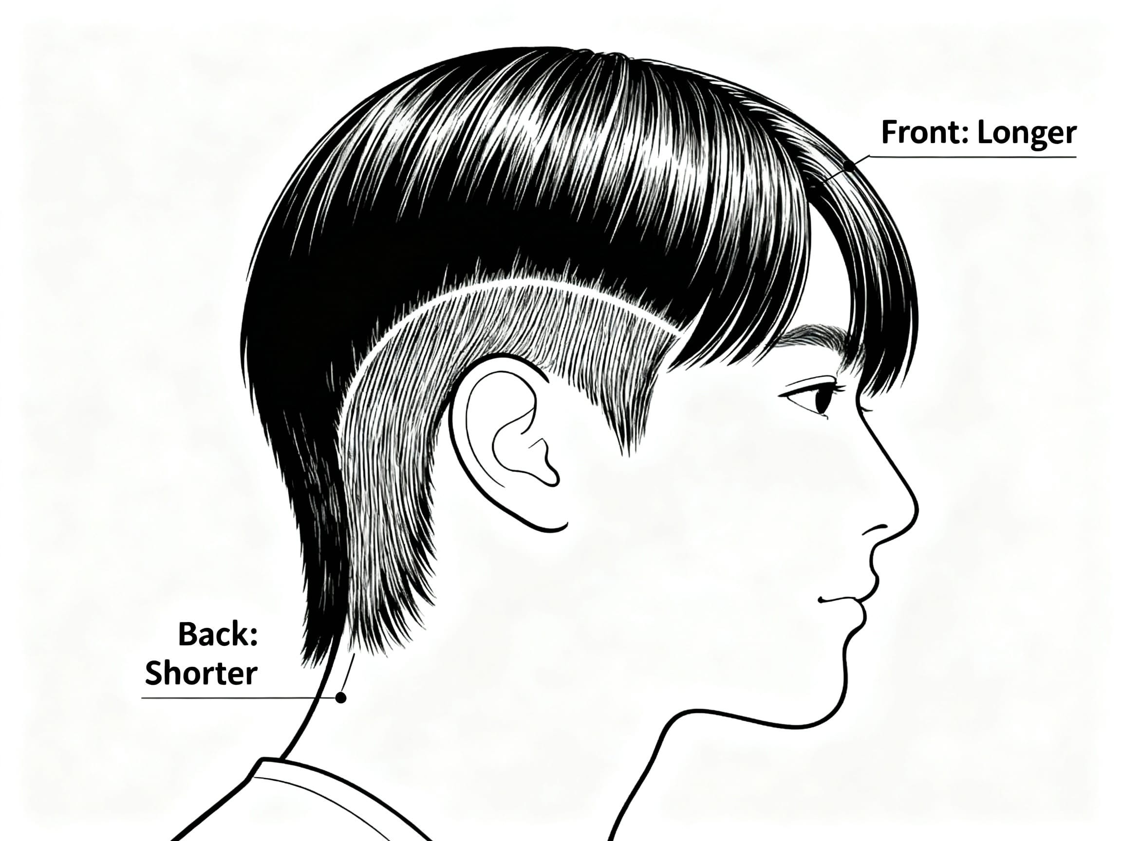 diagram illustrating hair angled shorter in back and longer in front