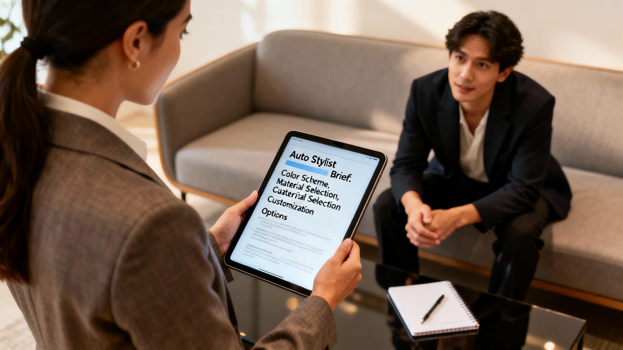 stylist showing a client an auto stylist brief on a tablet
