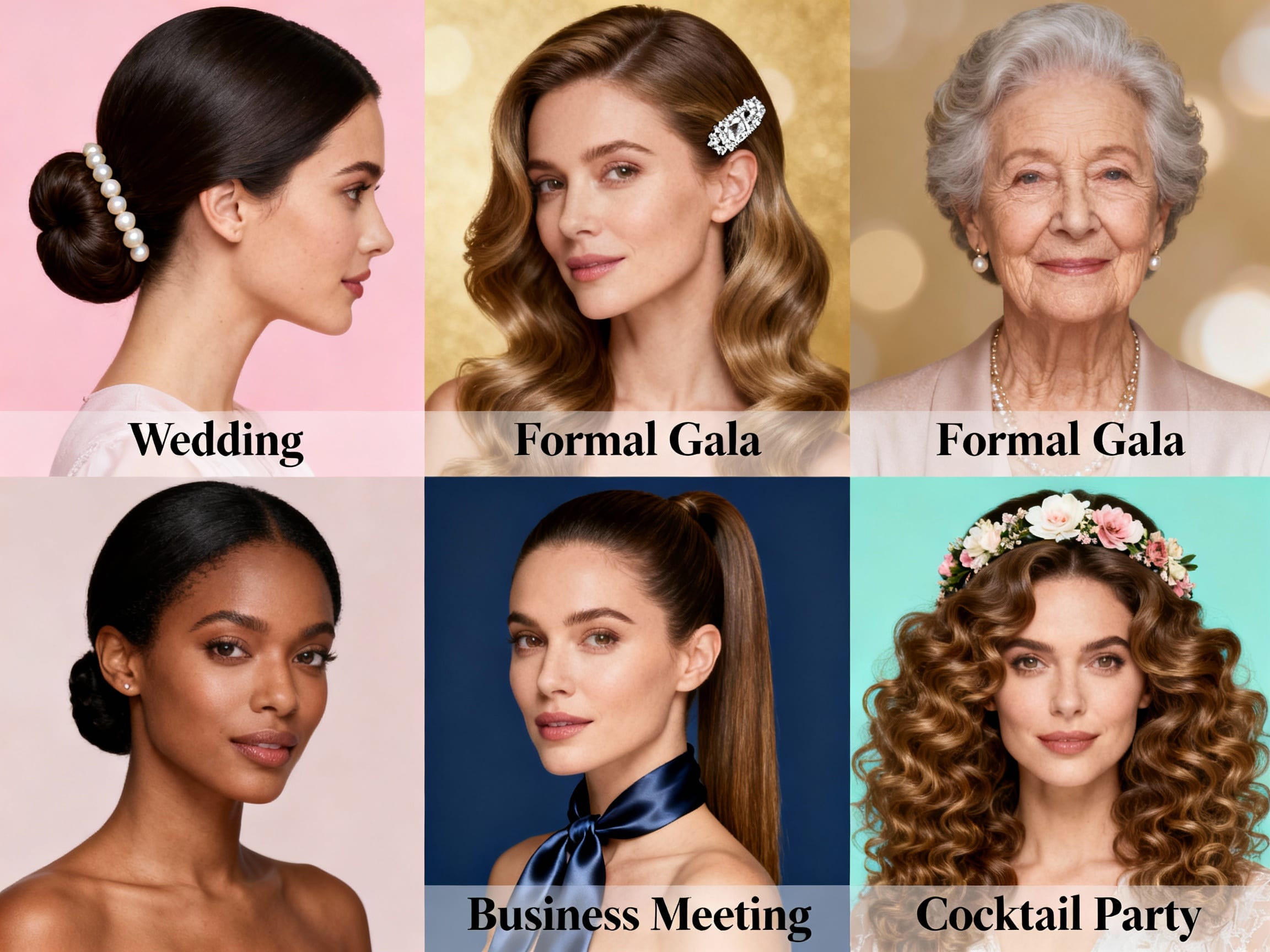 collage of diverse women showcasing elegant hairstyles for different events