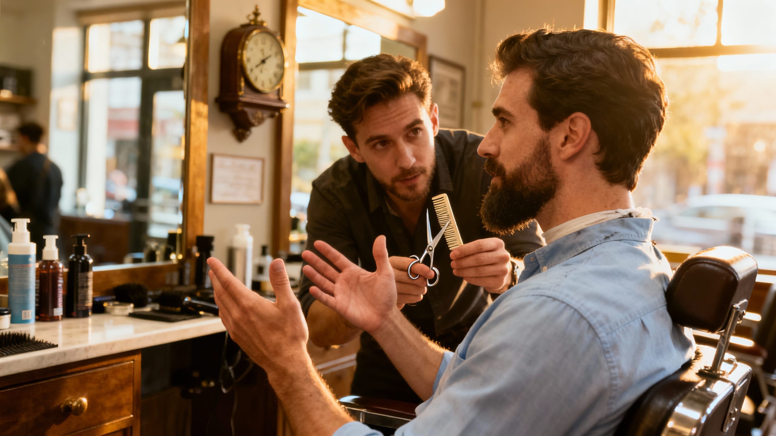man talking to barber about beard trim