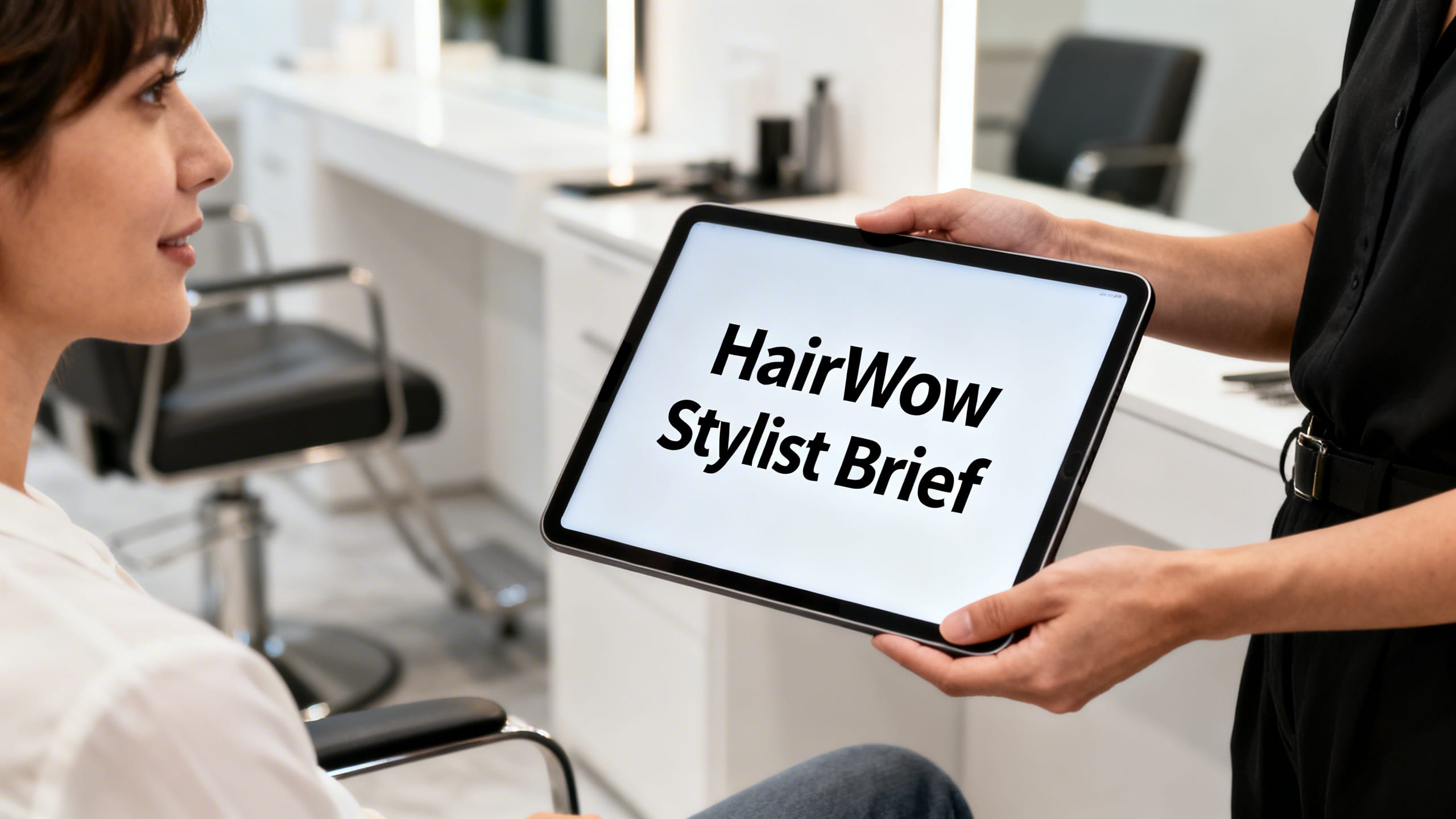 stylist showing client a HairWow stylist brief on a tablet