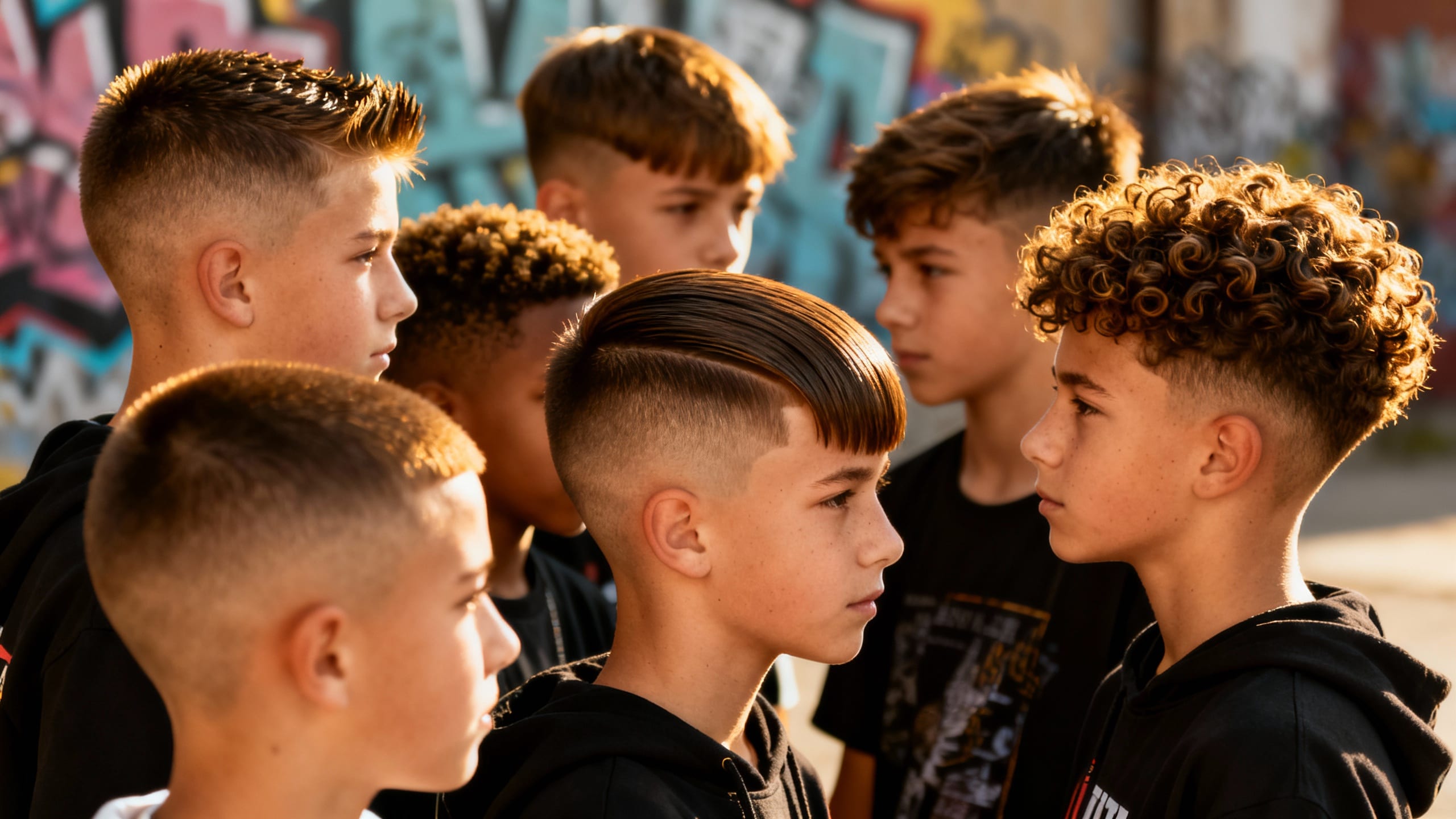 A diverse group of boys showcasing stylish and well-maintained haircuts