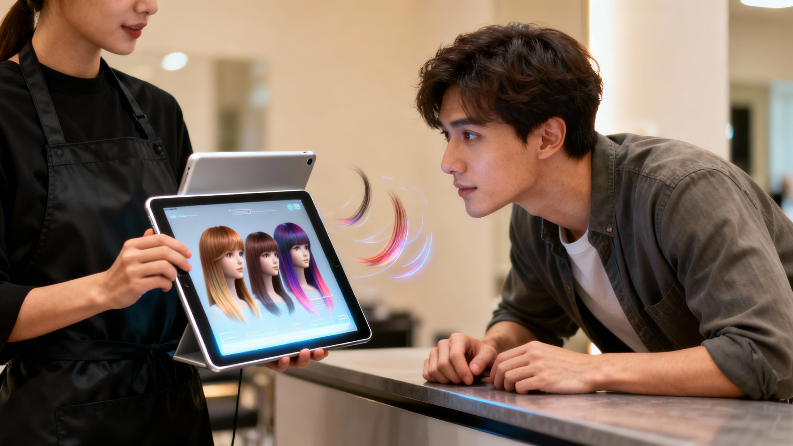 a stylist talking to a client, showing them a tablet with virtual hairstyles