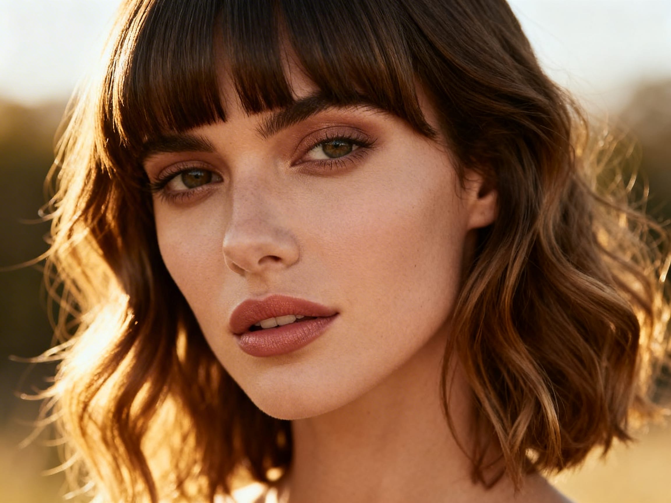model with wavy hair and curtain bangs