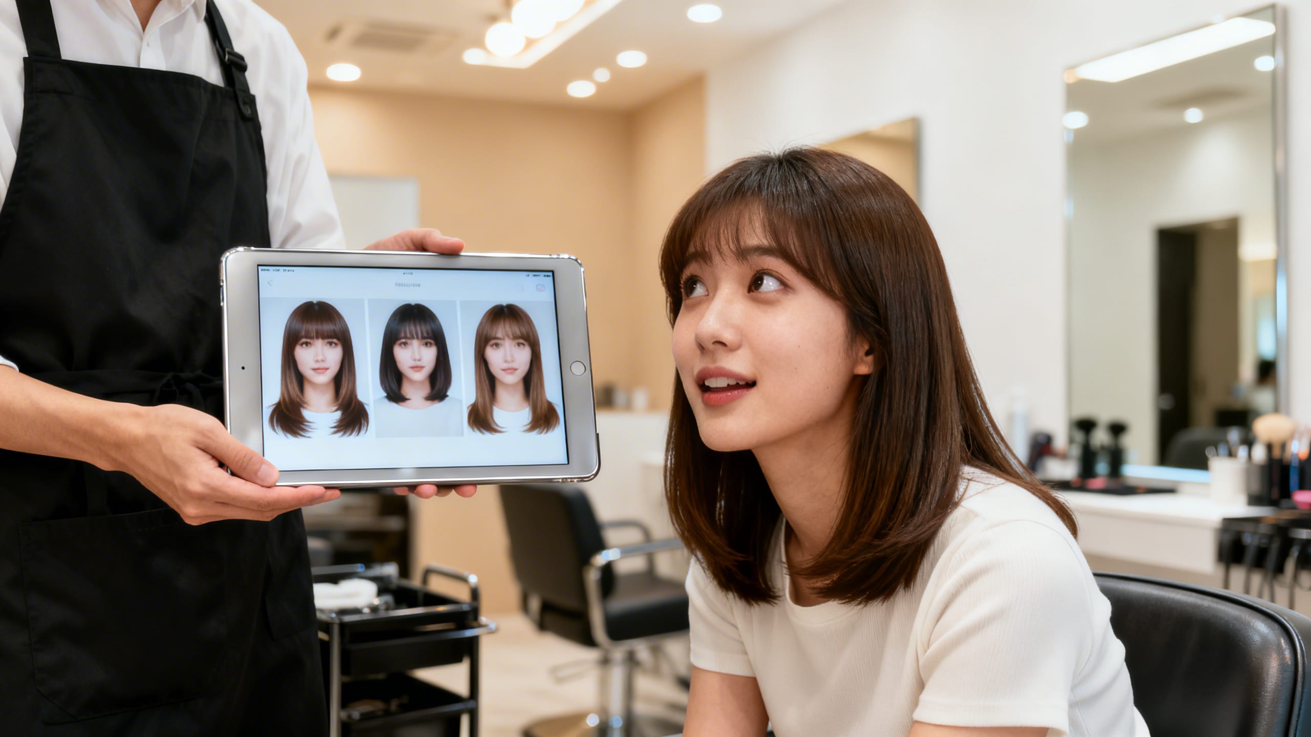 stylist showing a client different haircut options on a tablet