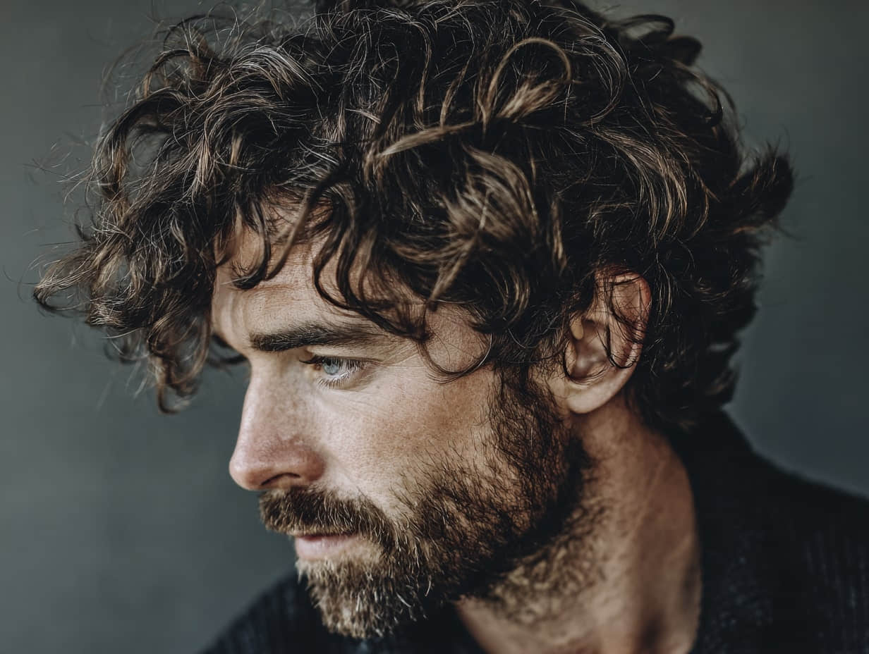 a man with Wavy Caesar hair, short fringe, broken texture, clean temples