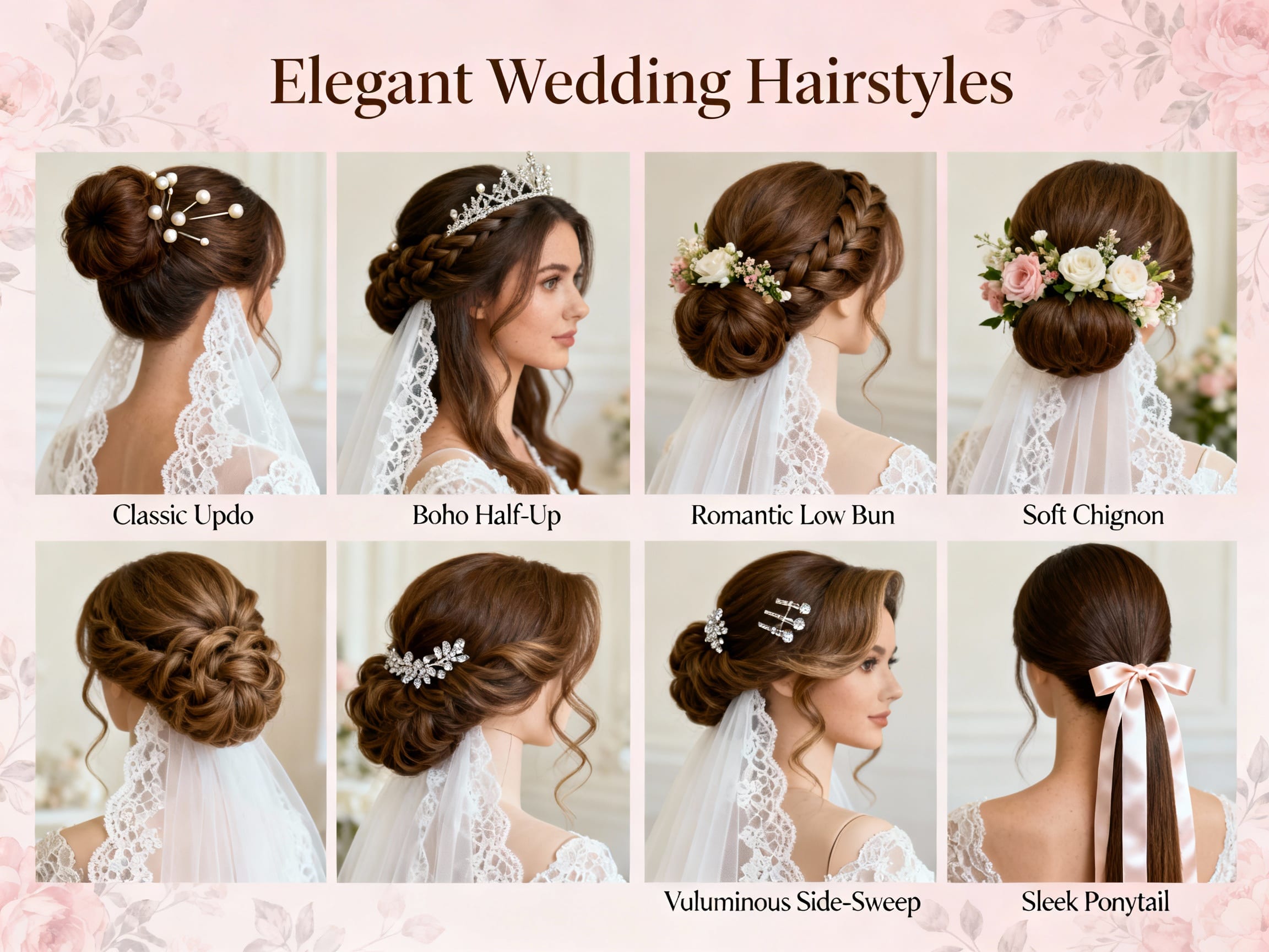 collage of elegant wedding hairstyles