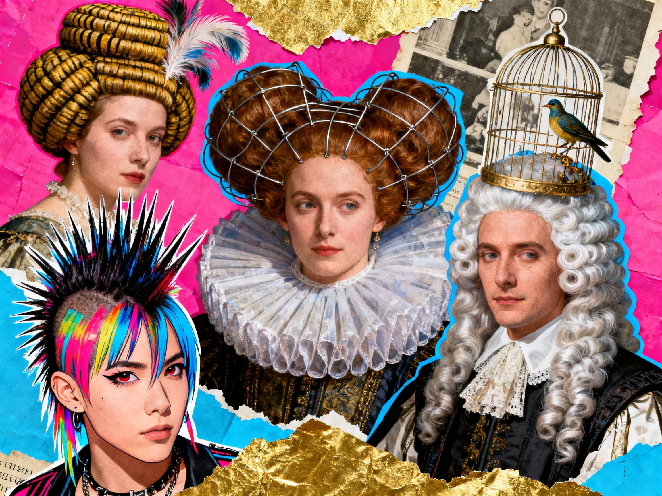 collage of historical and modern weird hairstyles