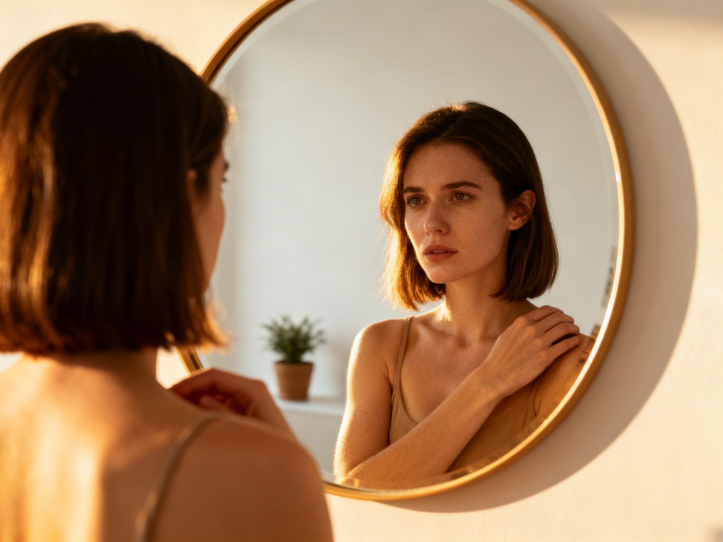 woman looking in mirror contemplating short hair
